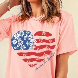 America The Beautiful American Flag Graphic Shirt Patriotic Floral Heart Top